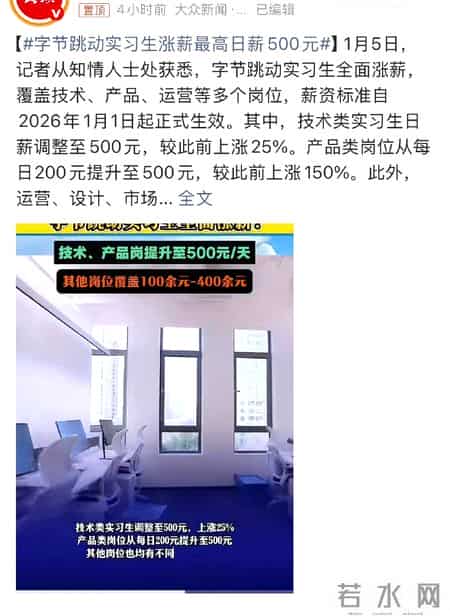 字节跳动实习生全面涨薪，加码人才争夺