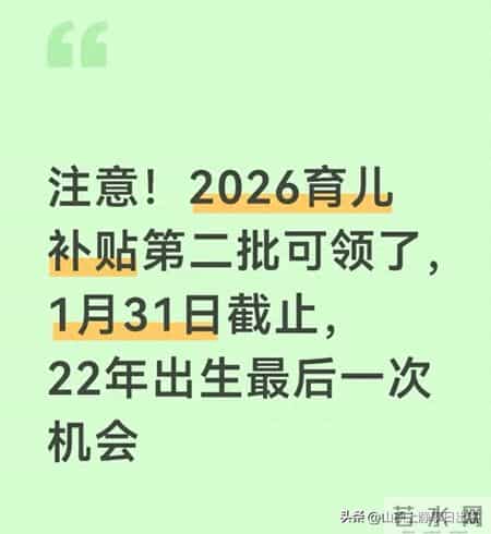 2026育儿补贴第二批可领了，1月31日截止，22年出生最后一次机会